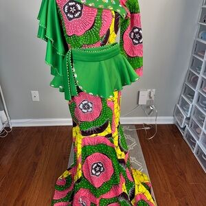 Colorful Africa Fabric Dress with Embellishments